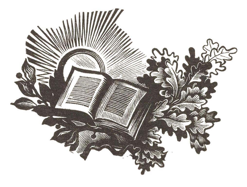 Open book with sunburst and oak leaves