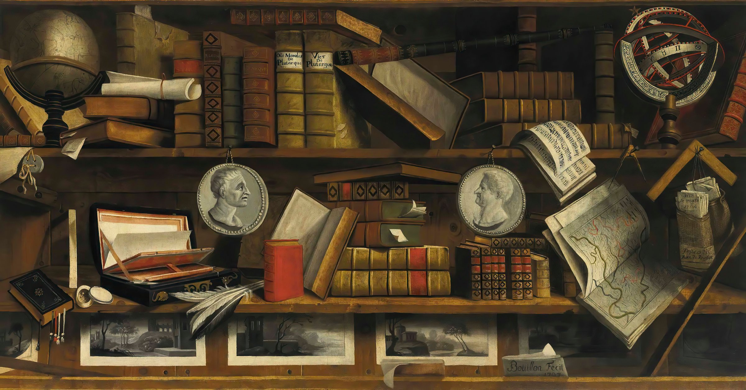 Still life of books, scrolls, globe, and armillary sphere