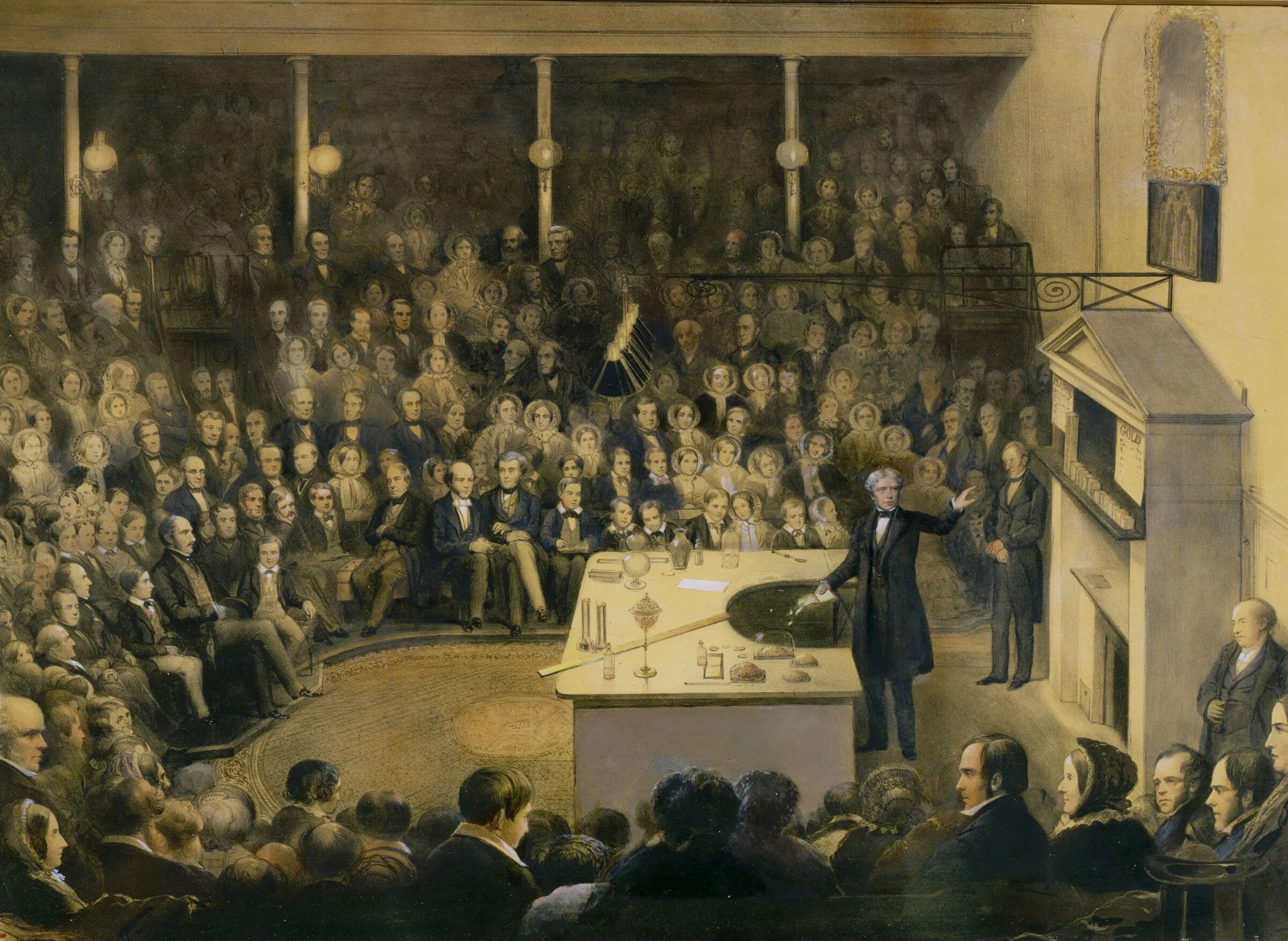 Michael Faraday lecturing at the Royal Institution, 1855